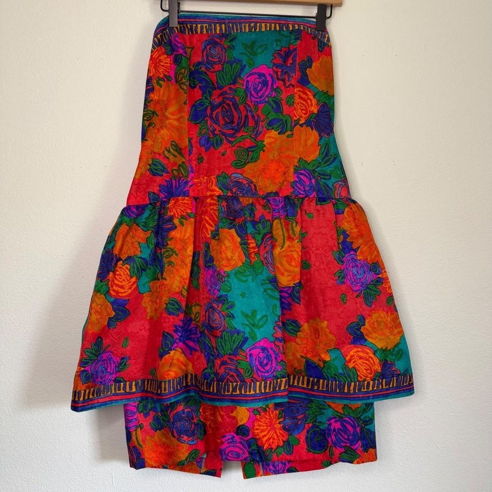 Vintage 80's AJ Bari - 100% Silk Strapless Peplum Colorful Floral Drrss Sz 14